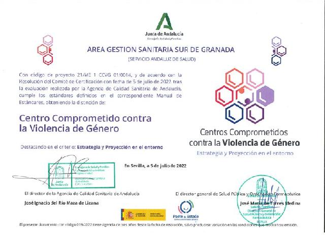 El Área Sanitaria Sur de Granada obtiene la certificación como ‘Centro comprometido Contra la Violencia de Género